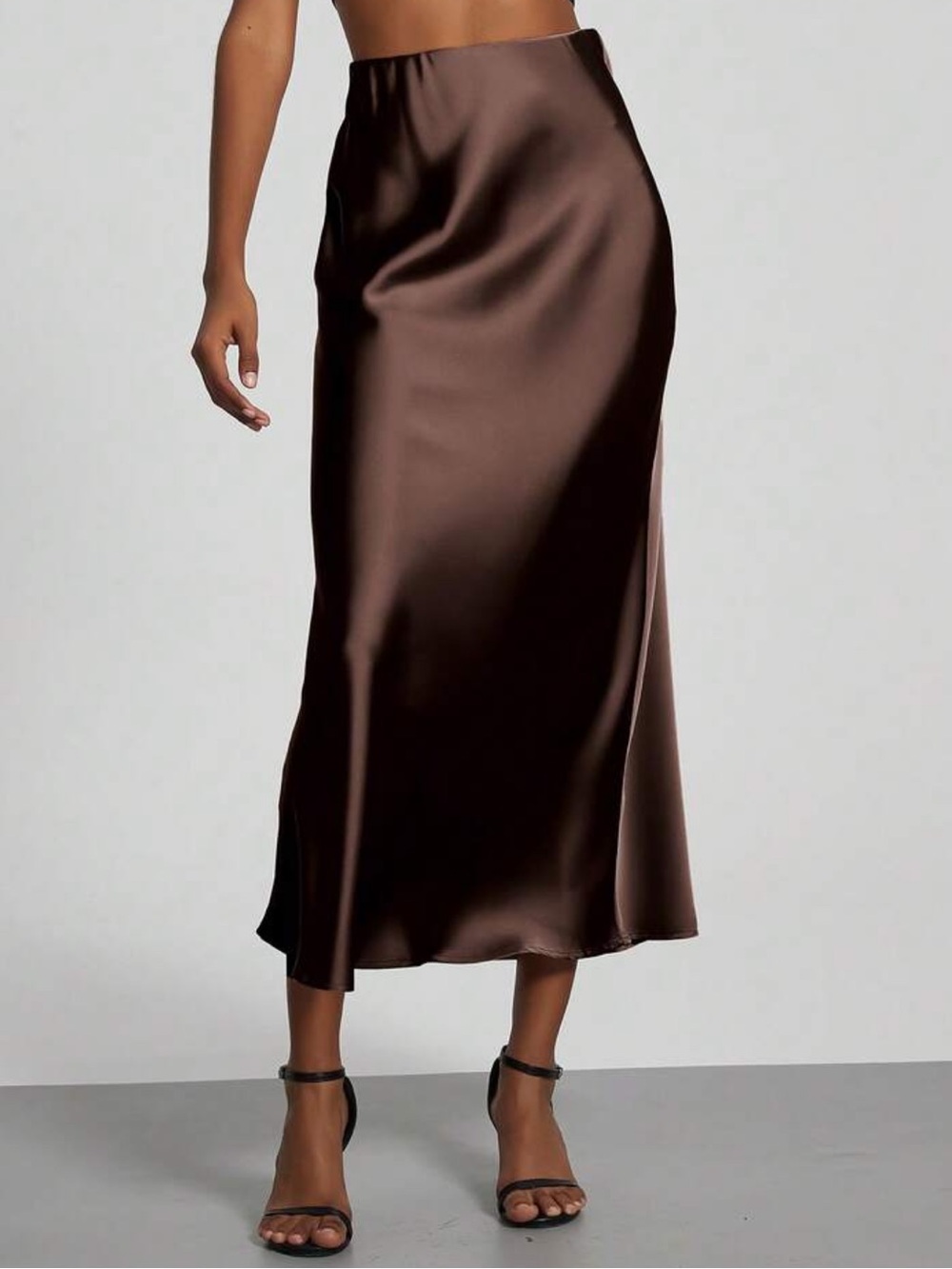 Women's Elastic Satin Finish Maxi Skirt - Dark Coffee Spring